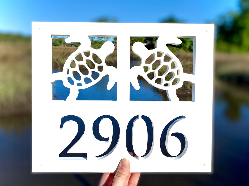 Double Sea Turtle Address Sign for Beach House, Rectangular Coastal Ho ...