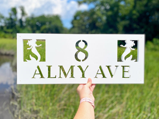 Full Street Address Plate with Mermaids, Coastal Beach House Address Plaque, Outdoor PVC Weatherproof House Numbers, Nautical Address Numbers Sign