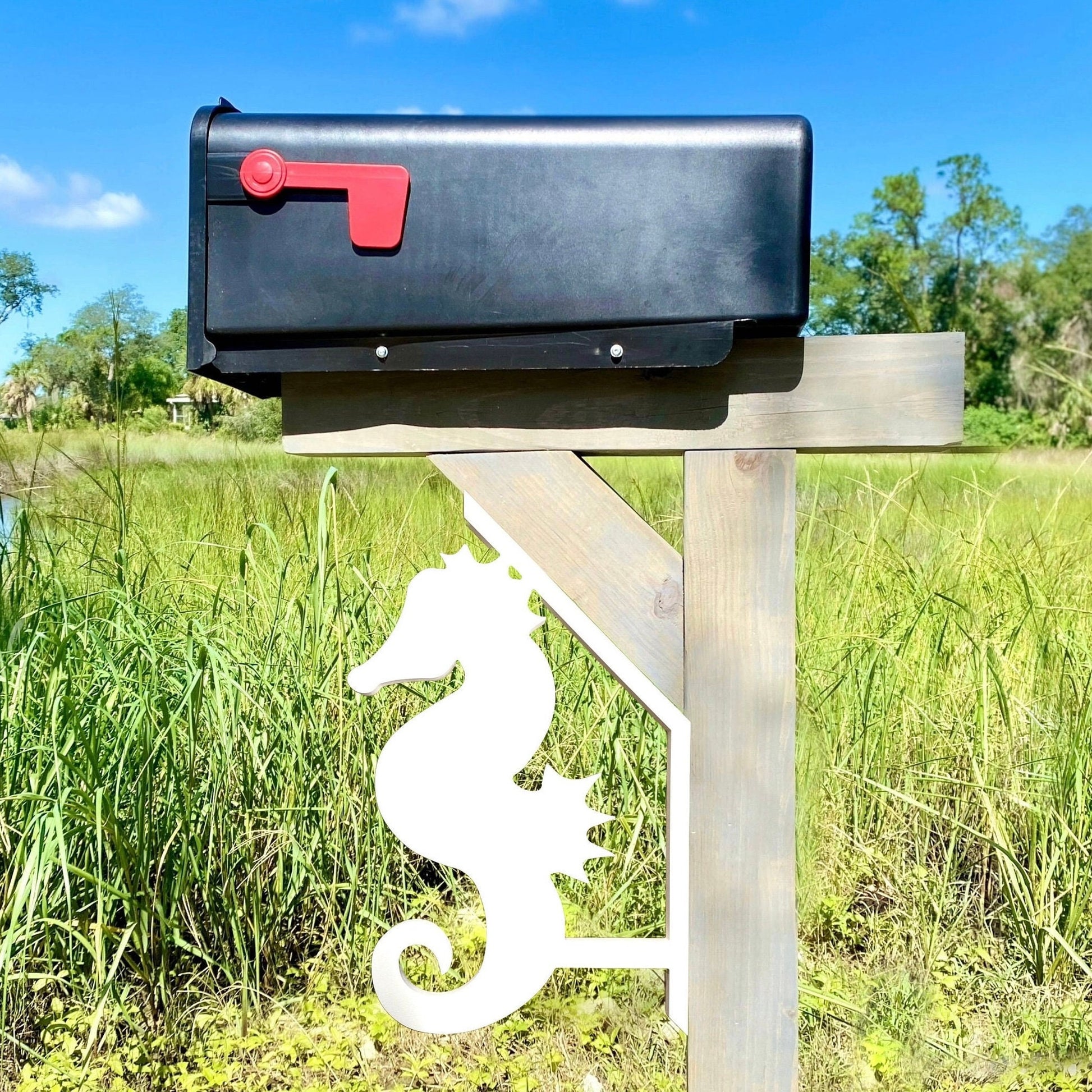 Seahorse Mailbox Bracket for 45 Degrees Angle Post, Mailbox Decor, Weatherproof PVC Beach House Decor, Coastal Home Decor Yard Art