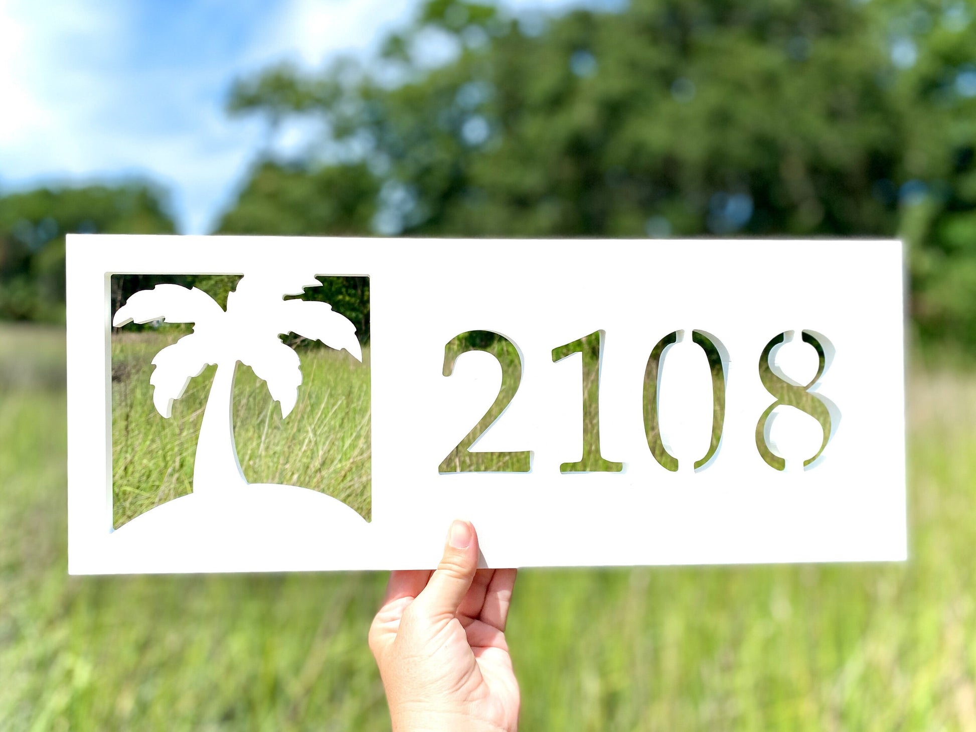 Horizontal Palm Tree Address Sign for House, Coastal Beach House Exterior Decor, Outdoor Weatherproof House Numbers, Tropical Home Decor