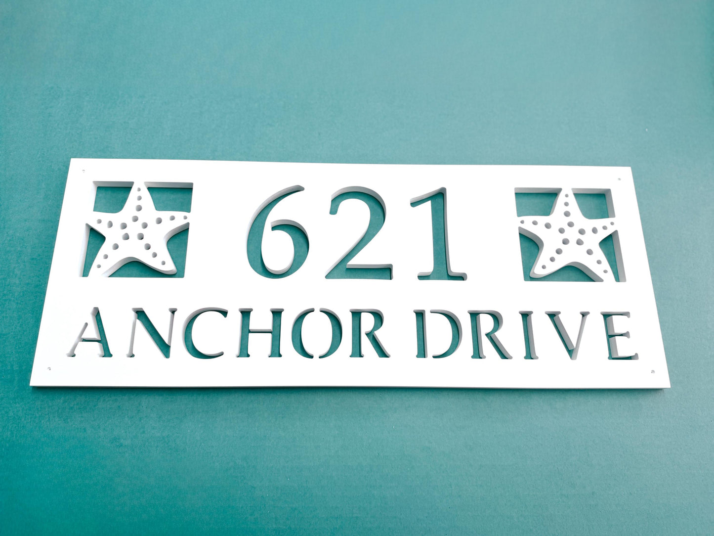 Full Street Address Plate with Starfish, Coastal Beach House Address Plaque, Outdoor PVC Weatherproof House Numbers, Address Numbers Sign