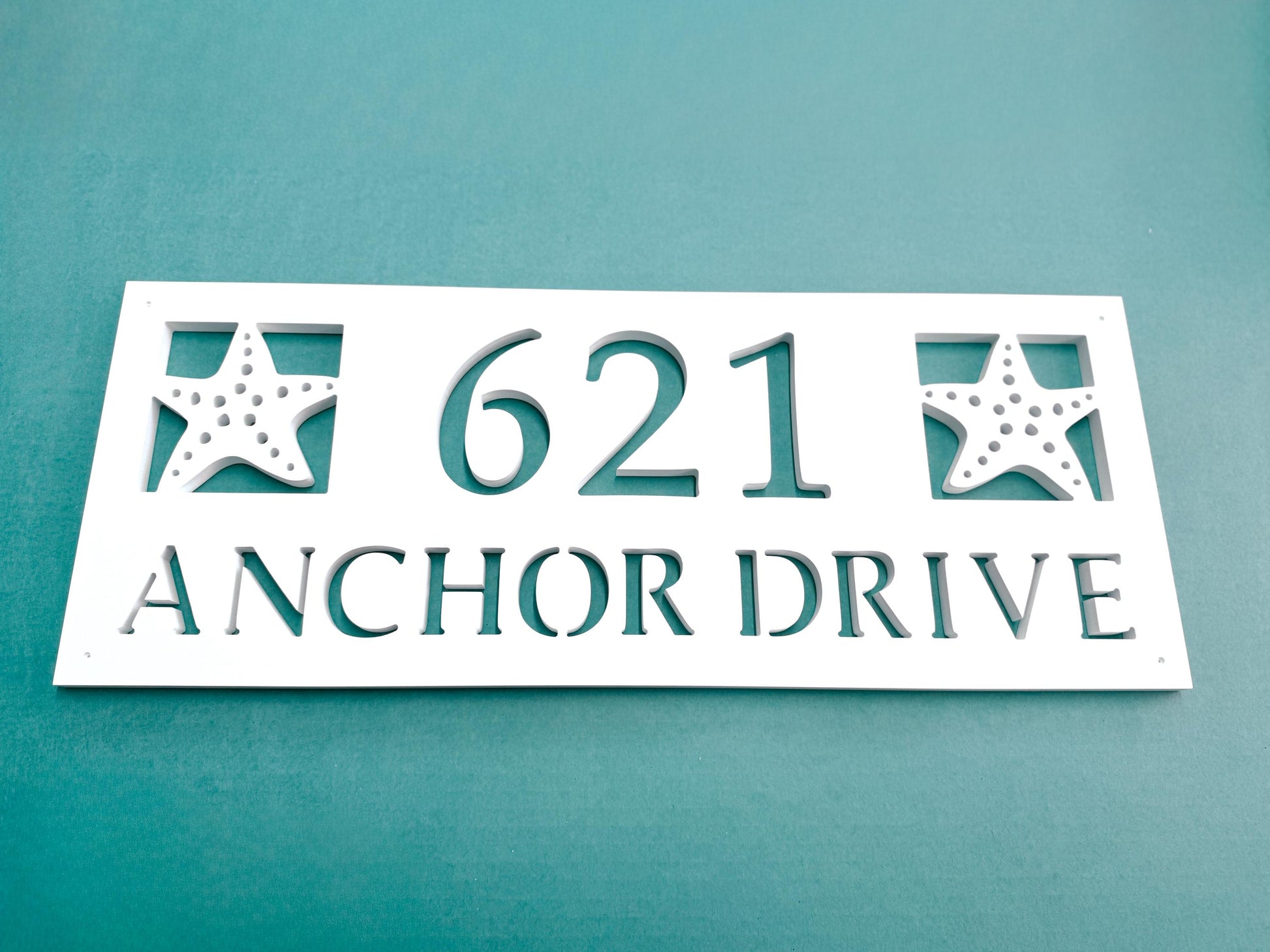 Full Street Address Plate with Starfish, Coastal Beach House Address Plaque, Outdoor PVC Weatherproof House Numbers, Address Numbers Sign