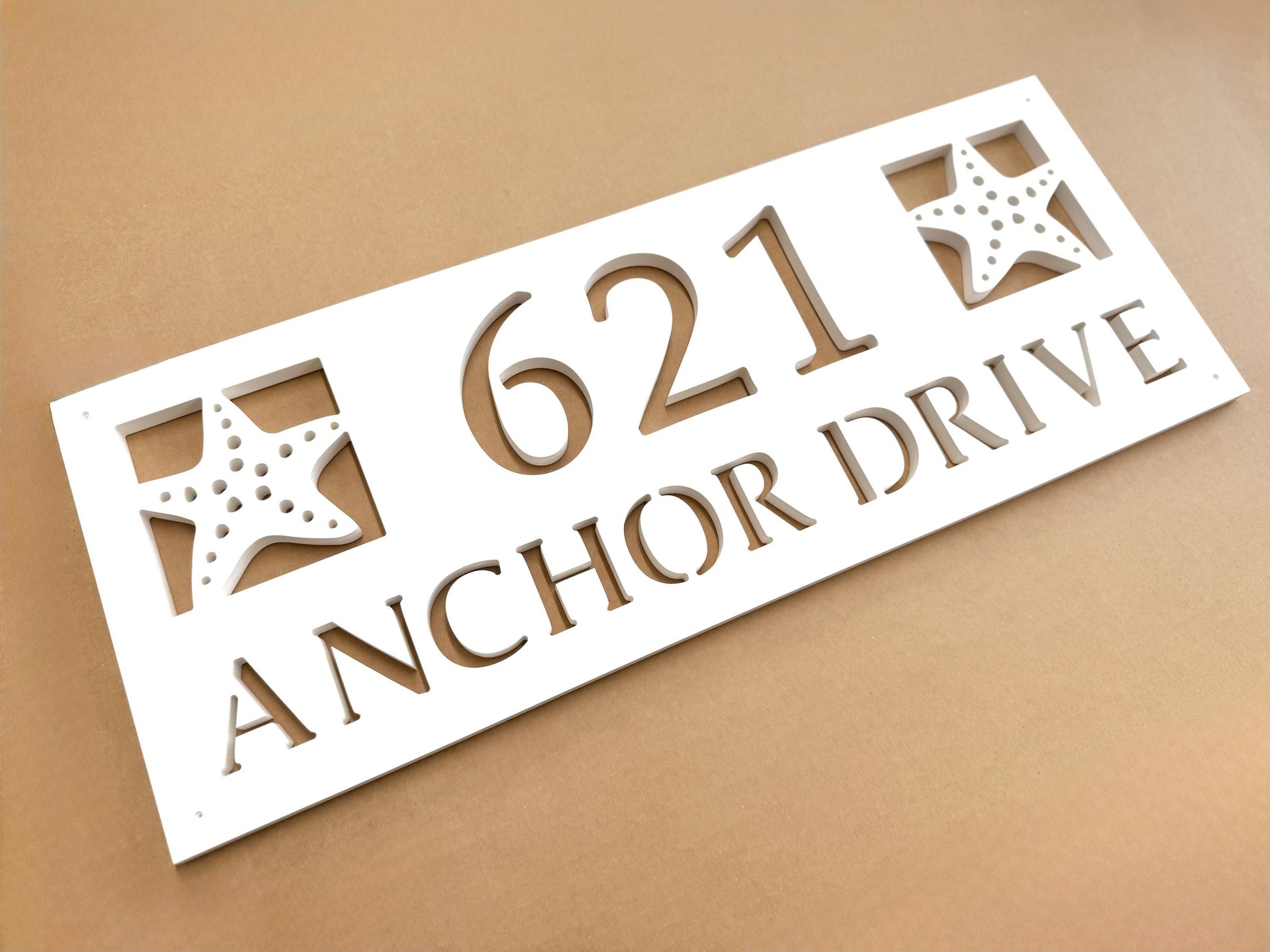 Full Street Address Plate with Starfish, Coastal Beach House Address Plaque, Outdoor PVC Weatherproof House Numbers, Address Numbers Sign