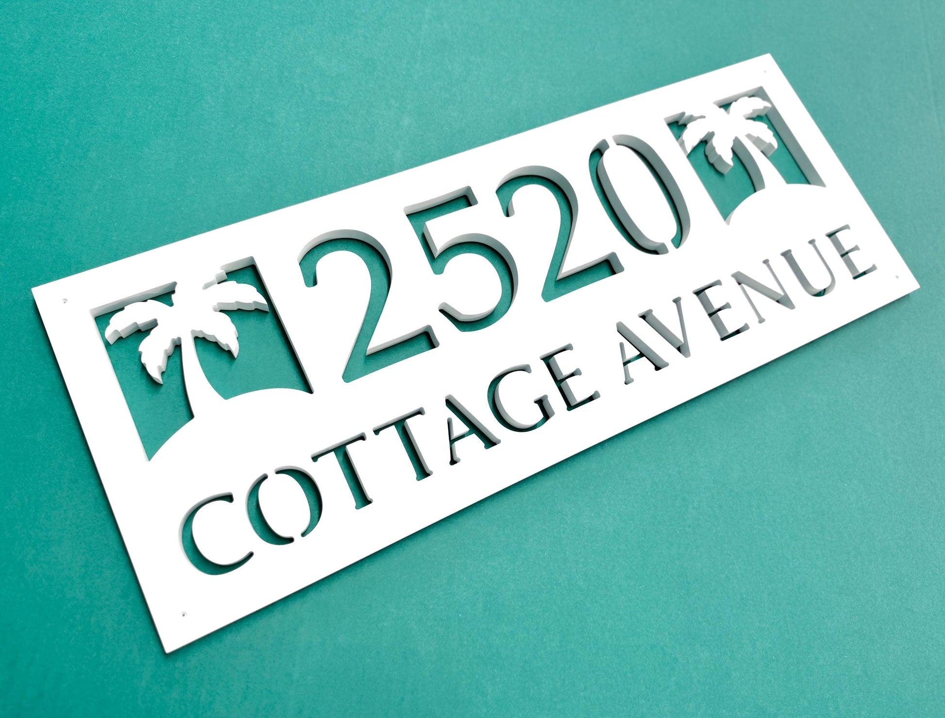 Full Street Address Plate with Palm Trees, Coastal Beach House Address Plaque, Outdoor PVC Weatherproof House Numbers, Address Numbers Sign