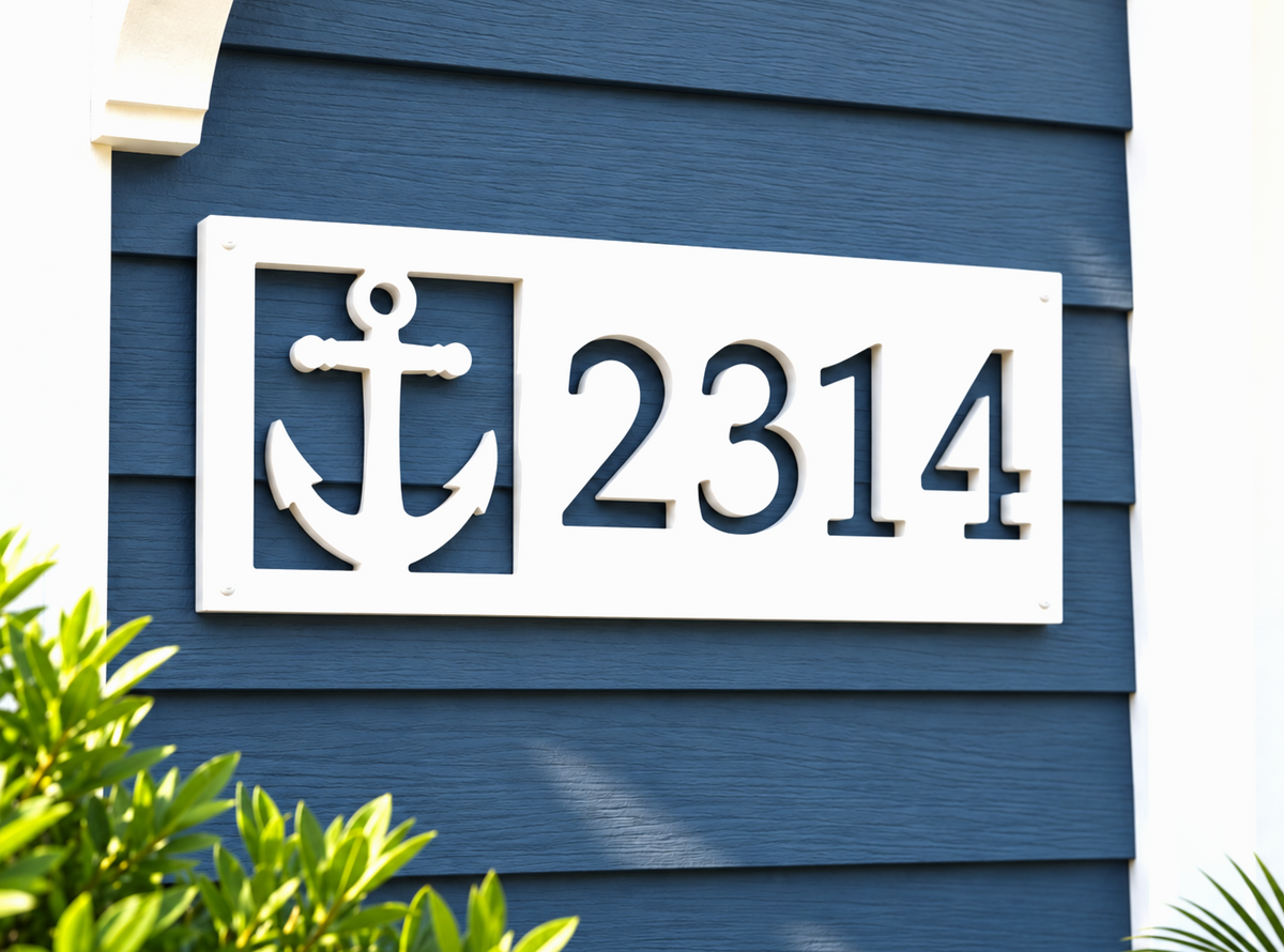 weatherproof anchor address sign, outdoor nautical house numbers, coastal home decor