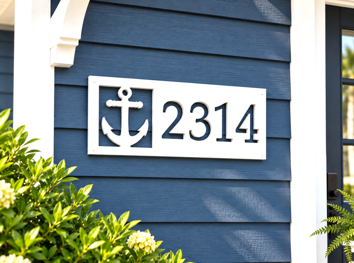 weatherproof anchor address sign, outdoor nautical house numbers, coastal home decor