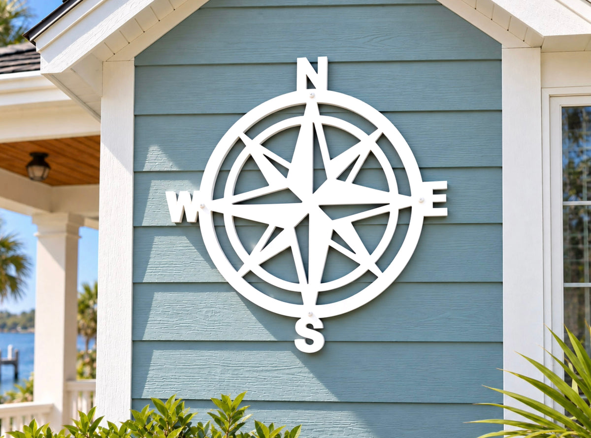 exterior compass rose wall art sign, weatherproof outdoor nautical beach house decor