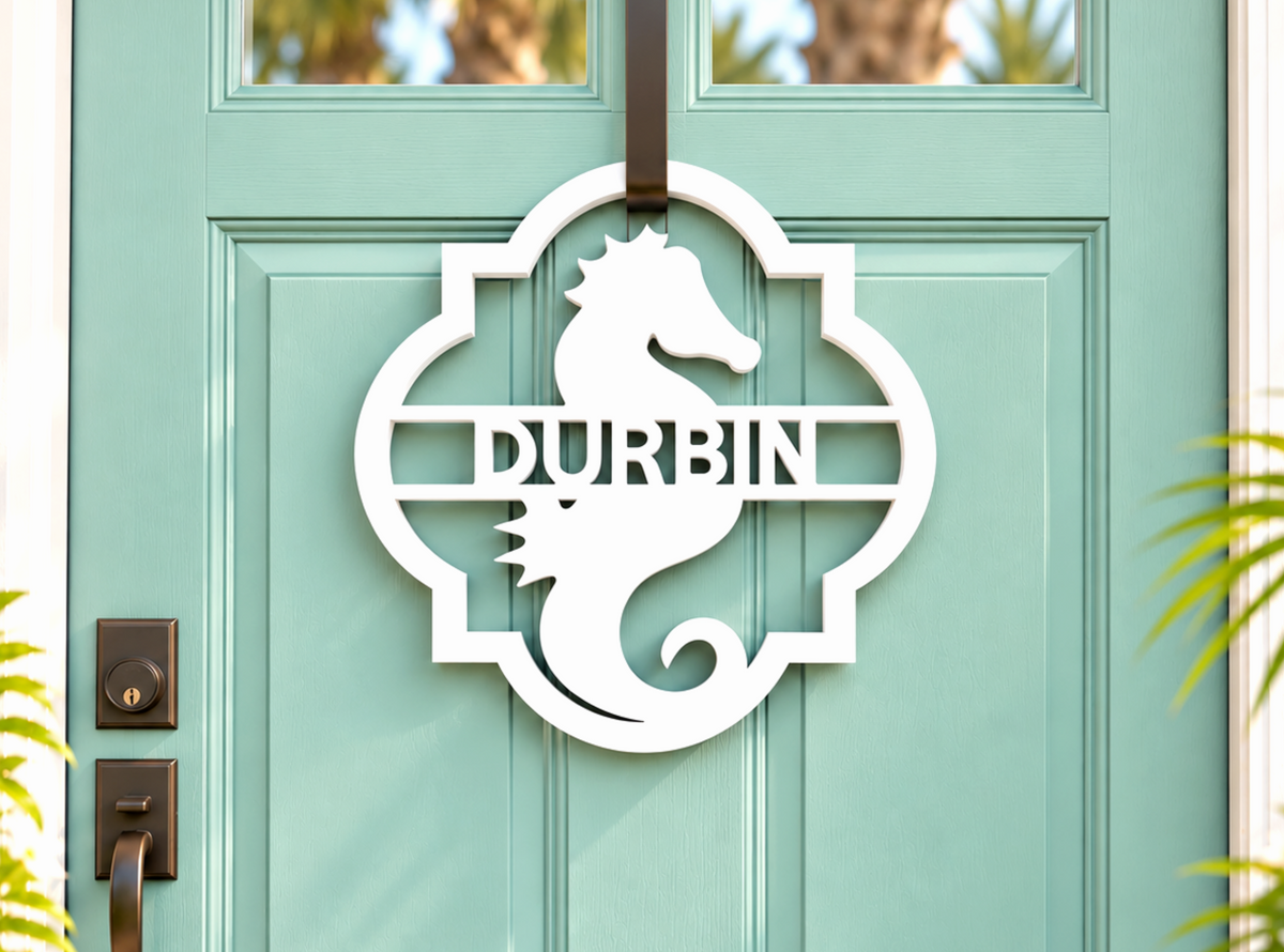 personalized seahorse door hanger, custom beach house welcome sign