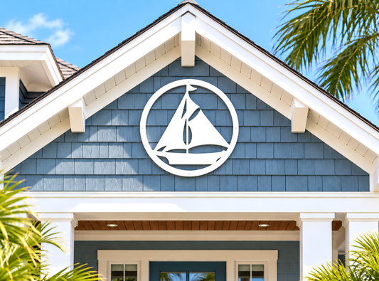outdoor sailboat wall art sign, weatherproof nautical exterior home decor for coastal beach house
