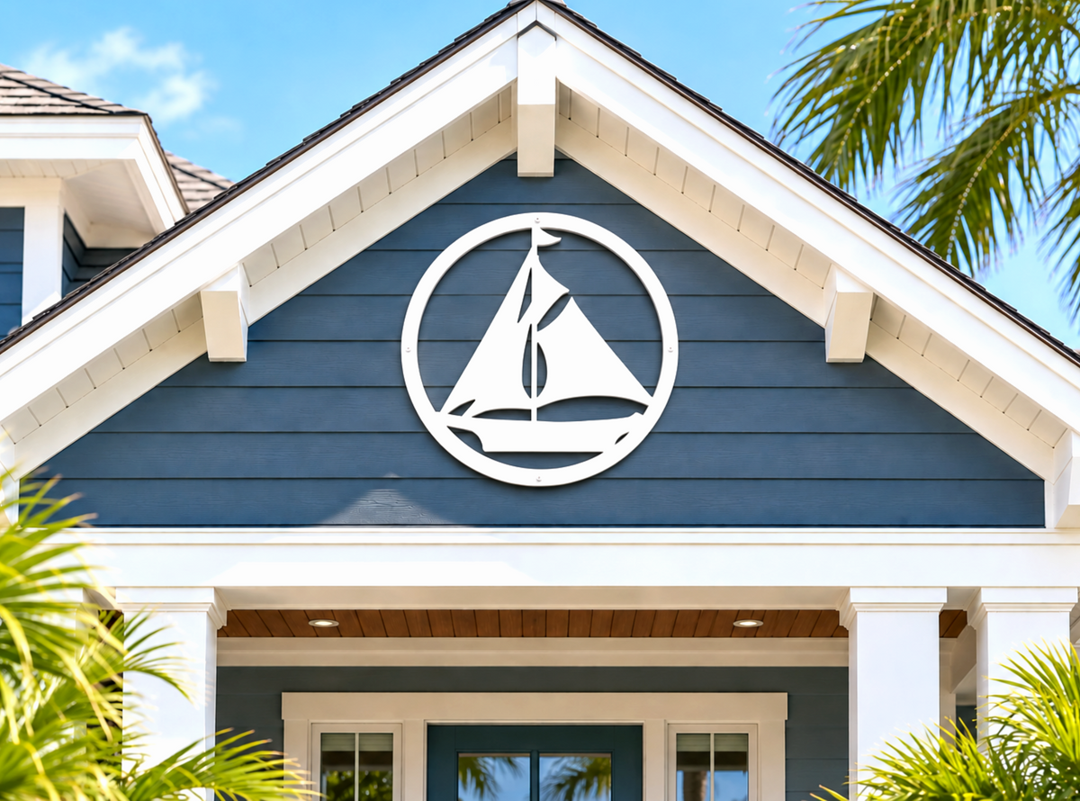 outdoor sailboat wall art sign, weatherproof nautical exterior home decor for coastal beach house