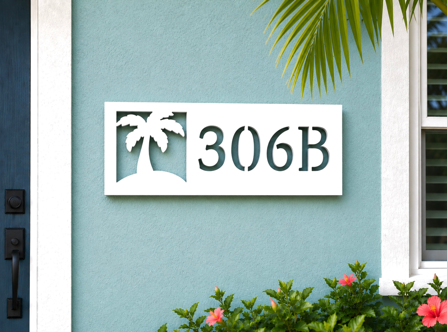 tropical palm tree house number address sign, outdoor weatherproof PVC coastal beach house decor