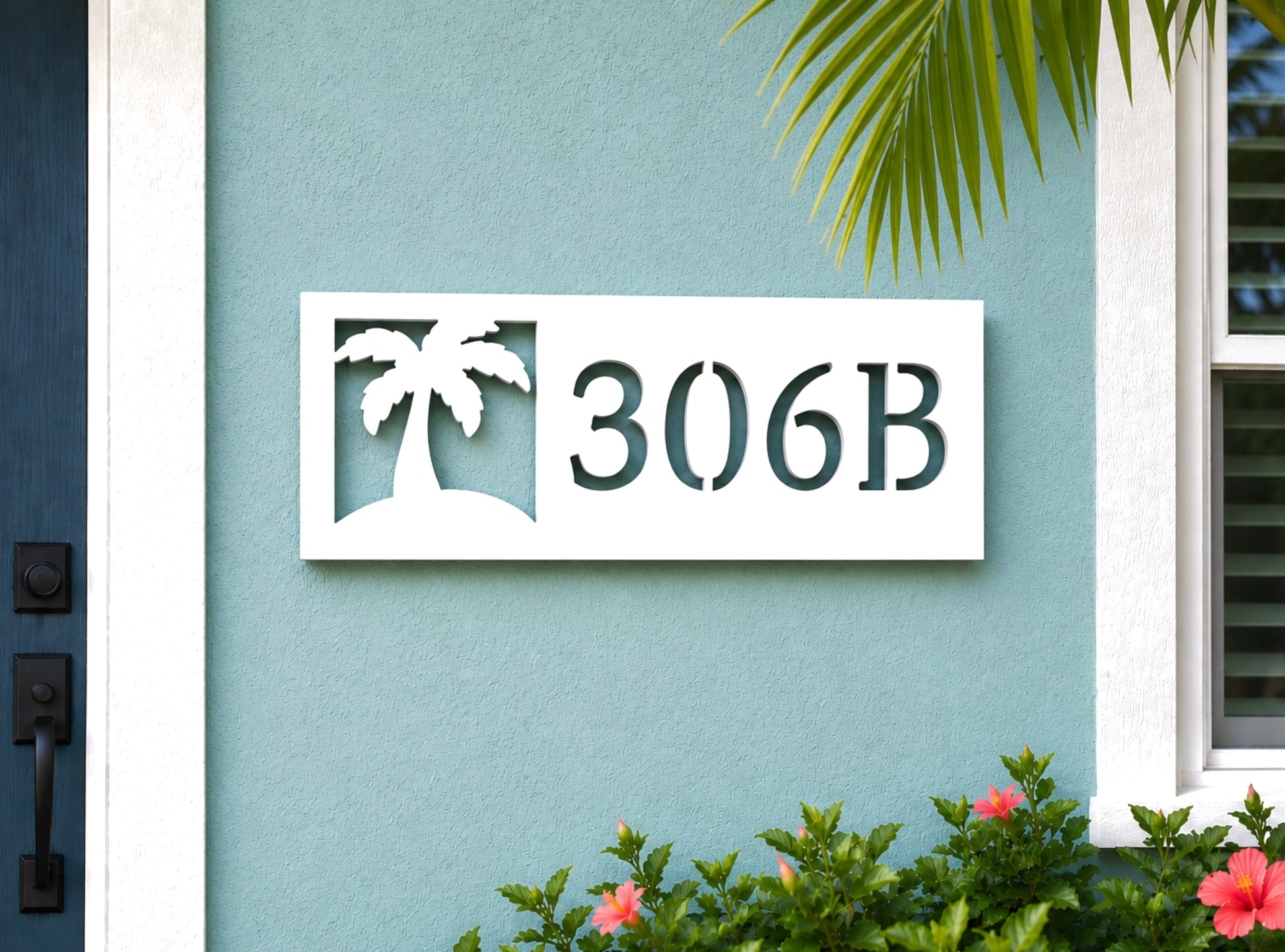 tropical palm tree house number address sign, outdoor weatherproof PVC coastal beach house decor
