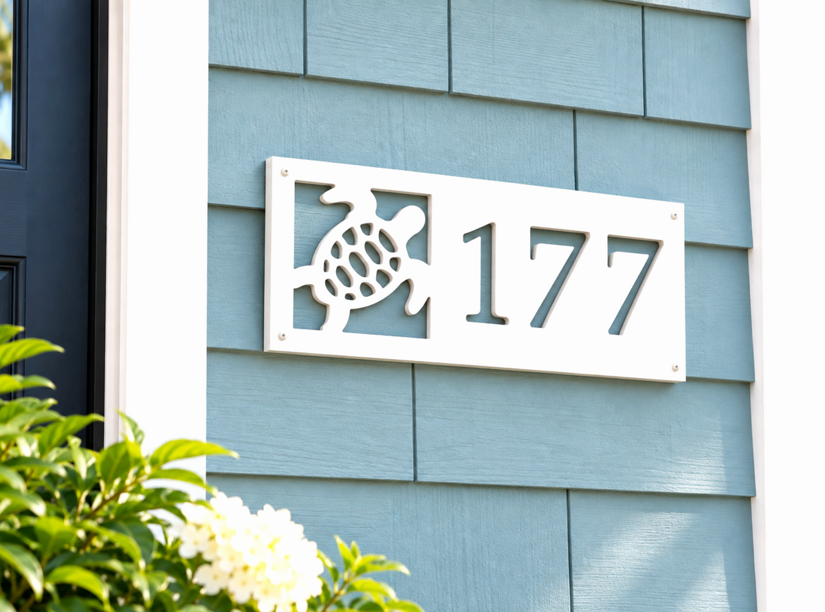 custom sea turtle address sign, weatherproof house numbers for beach house and coastal homes