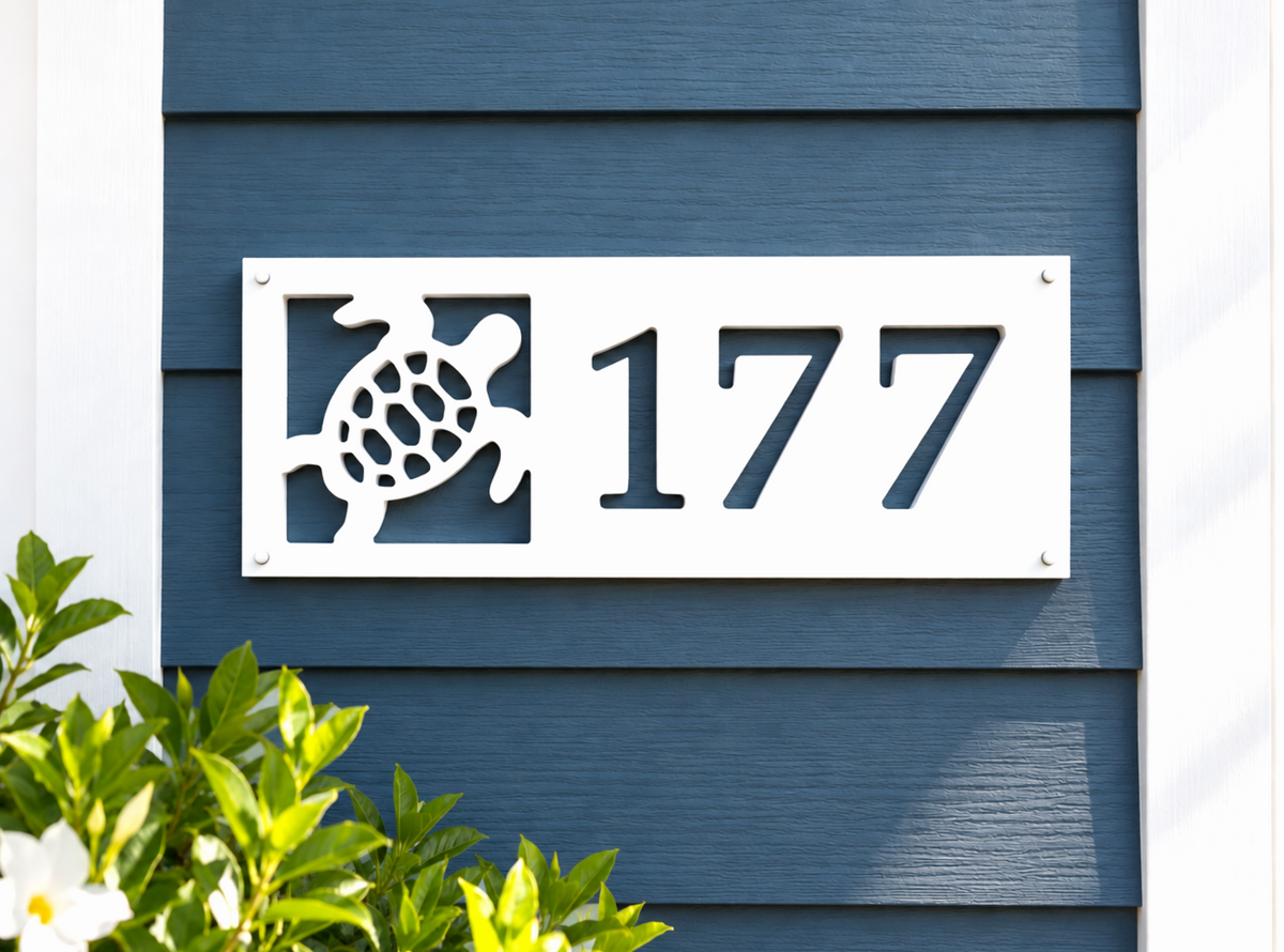 custom sea turtle address sign, weatherproof house numbers for beach house and coastal homes