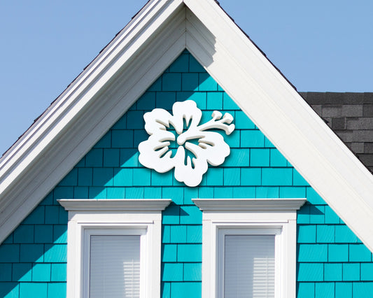 tropical hibiscus flower outdoor wall art, coastal beach house exterior decor