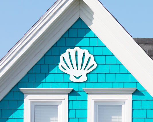 large seashell wall art sign, outdoor beach house decor, coastal wall art, scalloped seashell