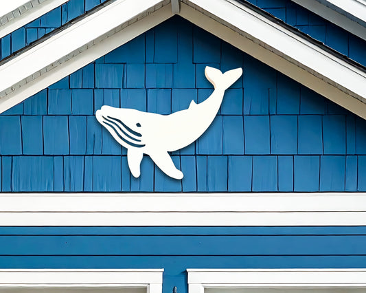 outdoor whale wall art sign, nautical home decor for beach house or coastal home.